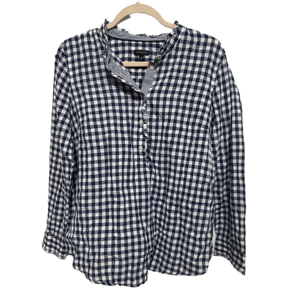 Talbots Navy White Gingham Ruffle Popover Blouse Women's Medium 100% Cotton